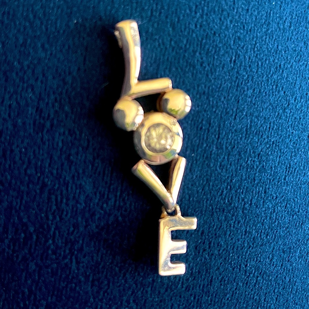 Silver Swarovski “LOVE” Mickey Mouse (as “O”) pendant dangling “E”